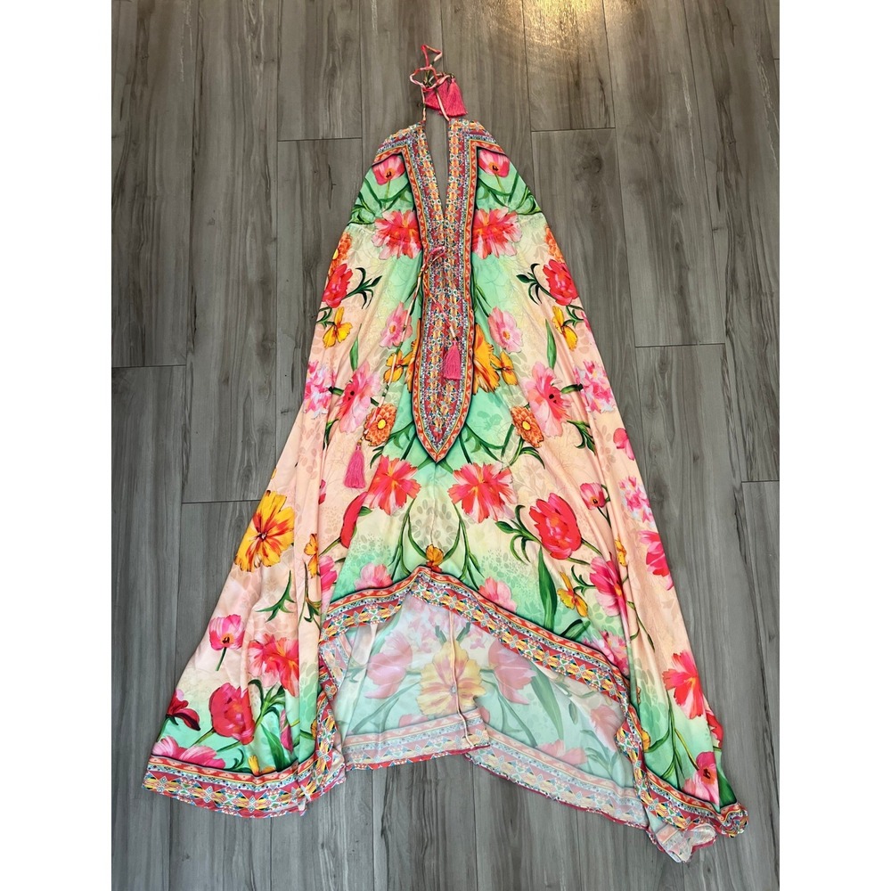Ranee's Floral Halter Maxi Dress High Low Boho Tassel One Size‎ Pink Green